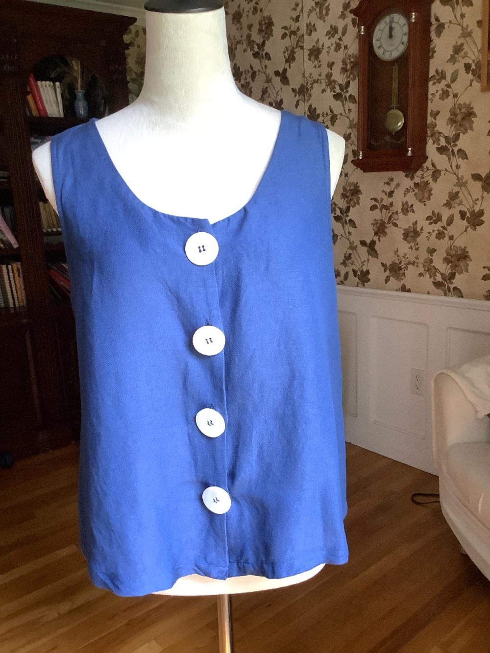 Mango MNG Linen Blend Sleeveless Button Down Shirt Top Blue Size M